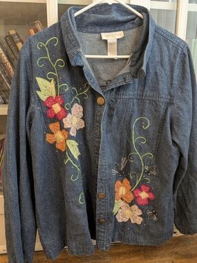 Tapestry Patch Embroidered Denim Jacket - Floral Accent